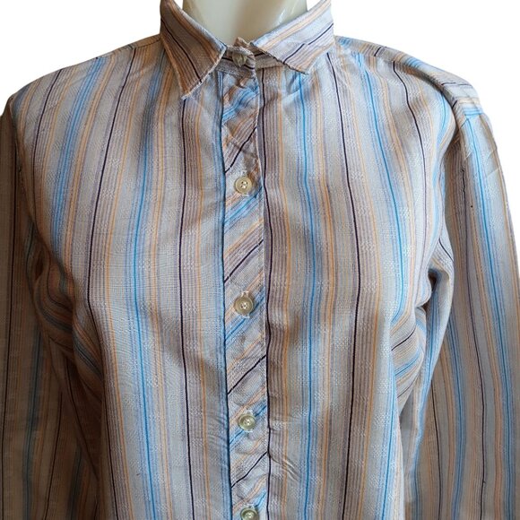 Medium True Vintage Boho Striped Button-Down Blouse Shirt Pastel Blue/Beige 70s - Picture 1 of 7